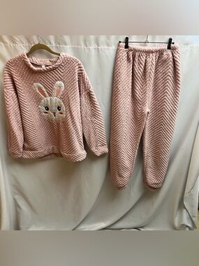 Pink Bunny Fleece Pajama Set XL Plush Lounge Sleepwear Cozy 2 Piece Cute